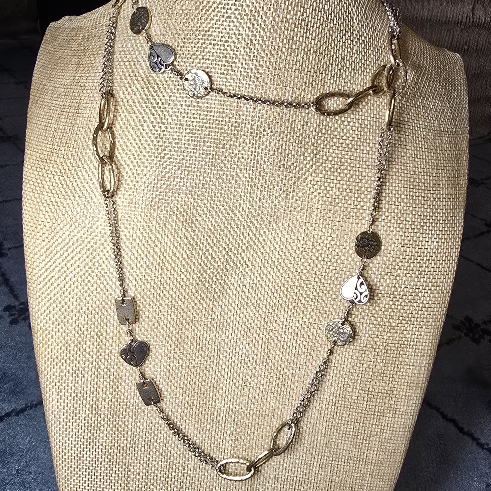 Brighton DECO Silver Plated Gold Hearts Hammered Discs Links LONG Necklace